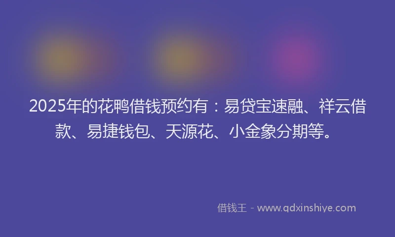 2025年的花鸭借钱预约有：易贷宝速融、祥云借款、易捷钱包、天源花、小金象分期等。