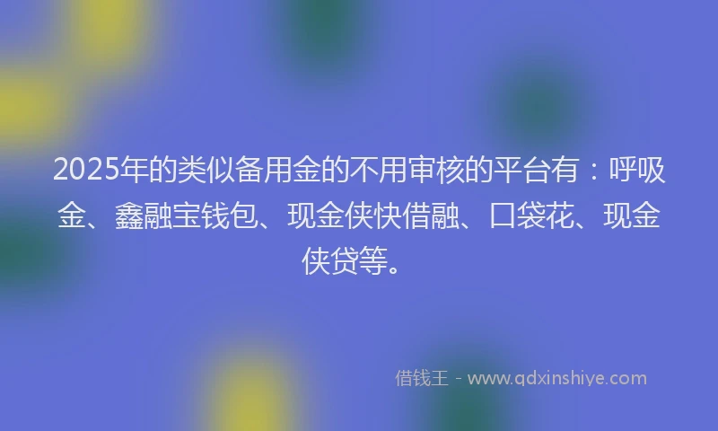 2025年的类似备用金的不用审核的平台有：呼吸金、鑫融宝钱包、现金侠快借融、口袋花、现金侠贷等。