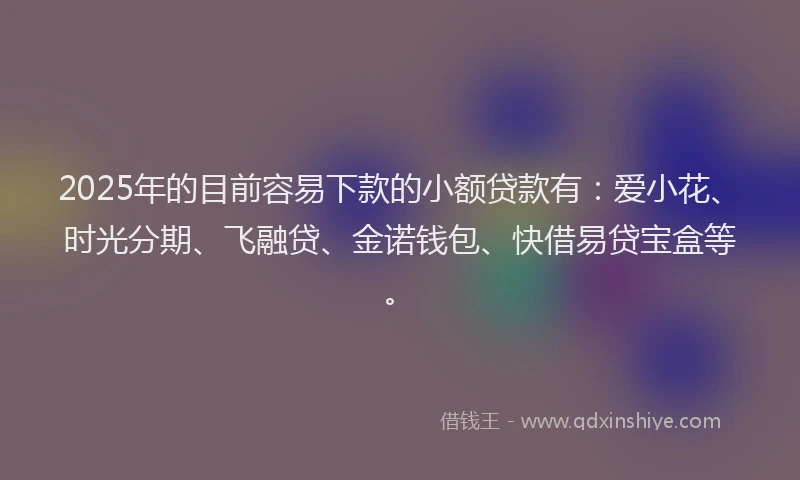 2025年的目前容易下款的小额贷款有：爱小花、时光分期、飞融贷、金诺钱包、快借易贷宝盒等。