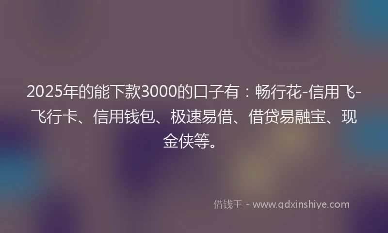 2025年的能下款3000的口子有：畅行花-信用飞-飞行卡、信用钱包、极速易借、借贷易融宝、现金侠等。