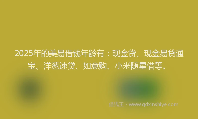 2025年的美易借钱年龄有：现金贷、现金易贷通宝、洋葱速贷、如意购、小米随星借等。