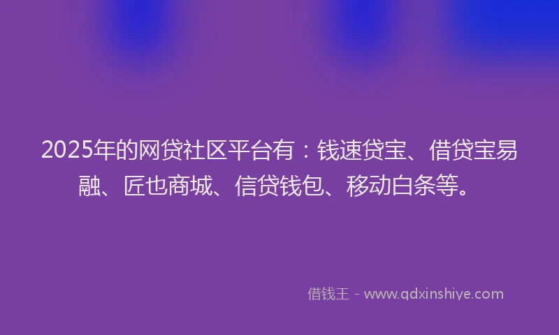 2025年的网贷社区平台有：钱速贷宝、借贷宝易融、匠也商城、信贷钱包、移动白条等。