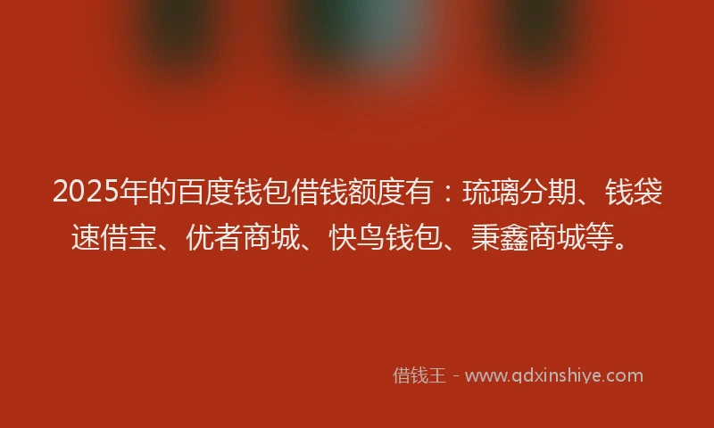 2025年的百度钱包借钱额度有：琉璃分期、钱袋速借宝、优者商城、快鸟钱包、秉鑫商城等。