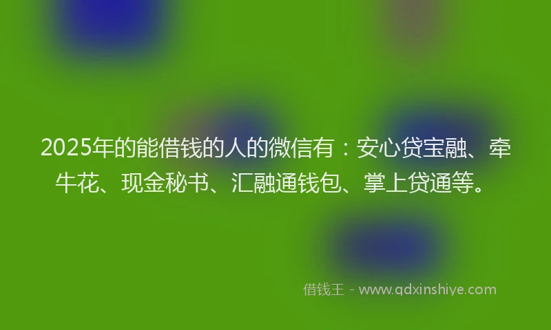 2025年的能借钱的人的微信有：安心贷宝融、牵牛花、现金秘书、汇融通钱包、掌上贷通等。