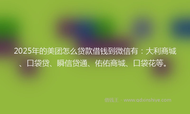 2025年的美团怎么贷款借钱到微信有：大利商城、口袋贷、瞬信贷通、佑佑商城、口袋花等。