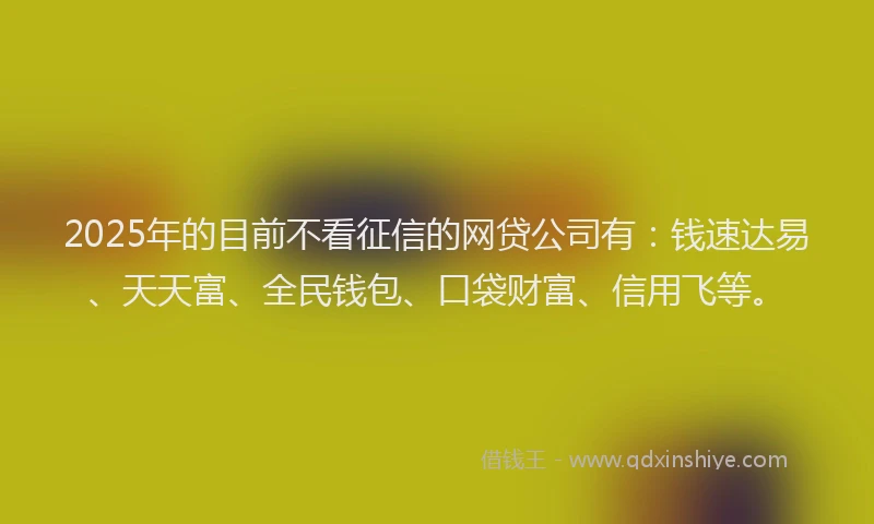 2025年的目前不看征信的网贷公司有：钱速达易、天天富、全民钱包、口袋财富、信用飞等。