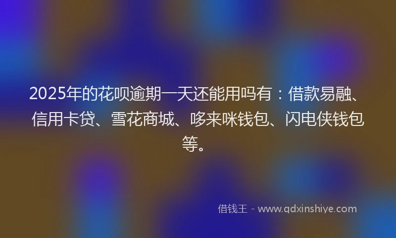 2025年的花呗逾期一天还能用吗有：借款易融、信用卡贷、雪花商城、哆来咪钱包、闪电侠钱包等。