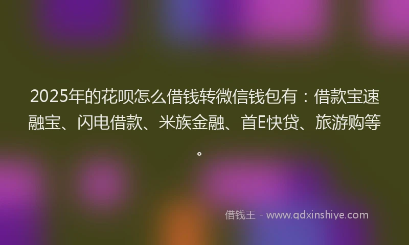 2025年的花呗怎么借钱转微信钱包有：借款宝速融宝、闪电借款、米族金融、首E快贷、旅游购等。