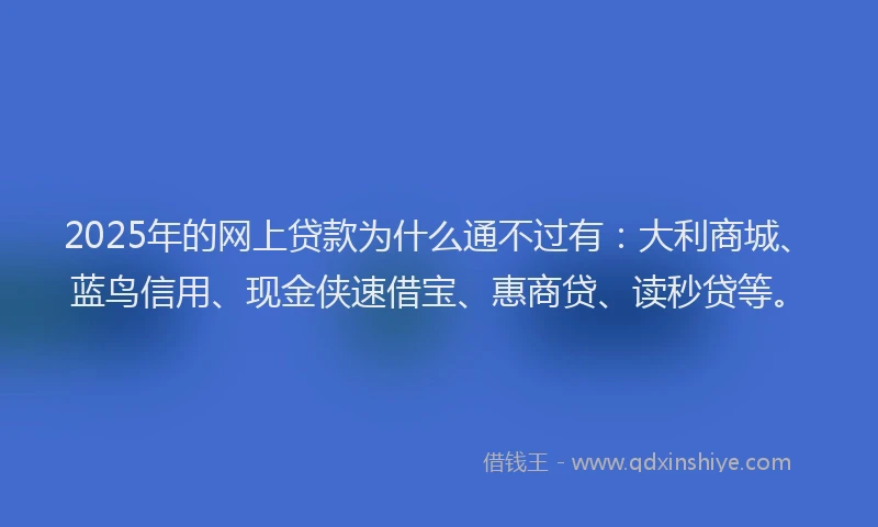 2025年的网上贷款为什么通不过有：大利商城、蓝鸟信用、现金侠速借宝、惠商贷、读秒贷等。