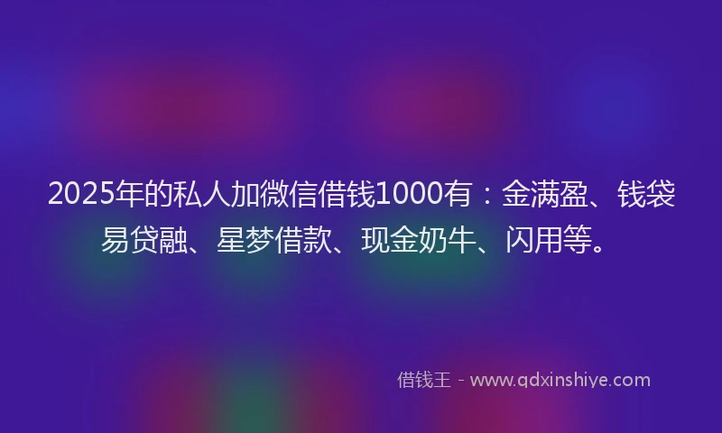 2025年的私人加微信借钱1000有：金满盈、钱袋易贷融、星梦借款、现金奶牛、闪用等。