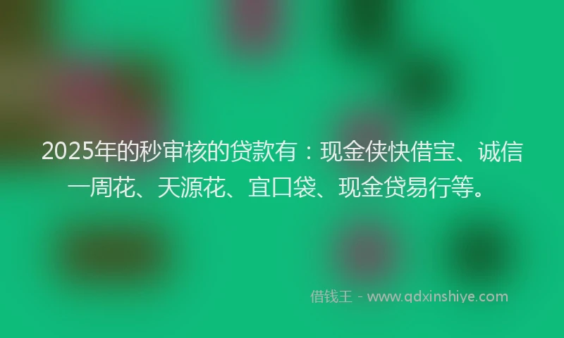 2025年的秒审核的贷款有：现金侠快借宝、诚信一周花、天源花、宜口袋、现金贷易行等。