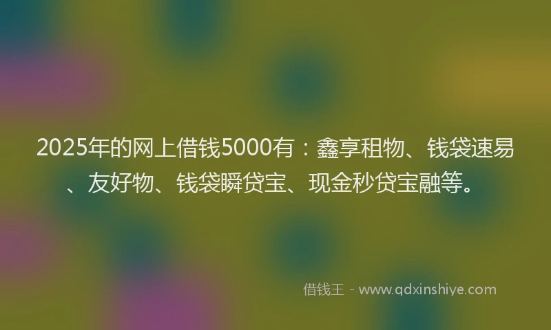 2025年的网上借钱5000有：鑫享租物、钱袋速易、友好物、钱袋瞬贷宝、现金秒贷宝融等。