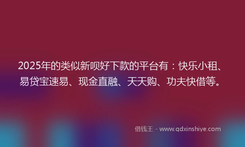 2025年的类似新呗好下款的平台有：快乐小租、易贷宝速易、现金直融、天天购、功夫快借等。