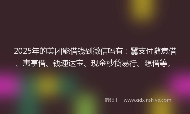 2025年的美团能借钱到微信吗有：翼支付随意借、惠享借、钱速达宝、现金秒贷易行、想借等。