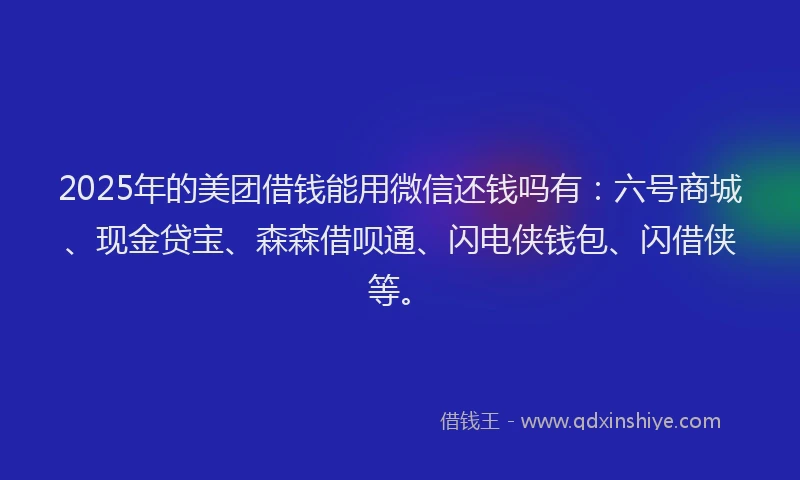 2025年的美团借钱能用微信还钱吗有：六号商城、现金贷宝、森森借呗通、闪电侠钱包、闪借侠等。