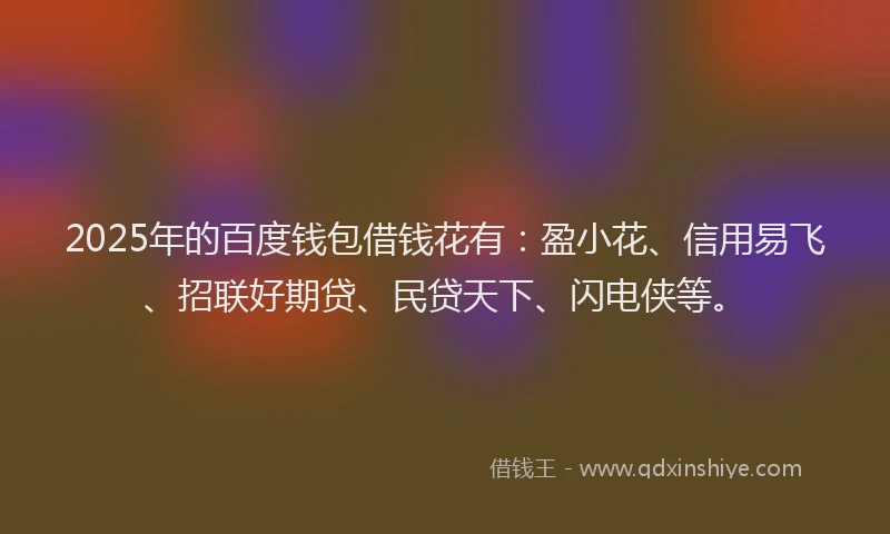2025年的百度钱包借钱花有:盈小花、信用易飞、招联好期贷、民贷天下、闪电侠等。