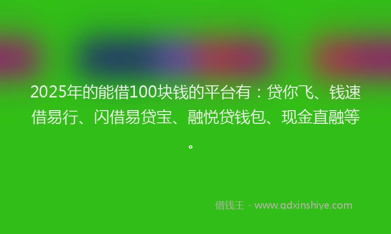 2025年的能借100块钱的平台有：贷你飞、钱速借易行、闪借易贷宝、融悦贷钱包、现金直融等。
