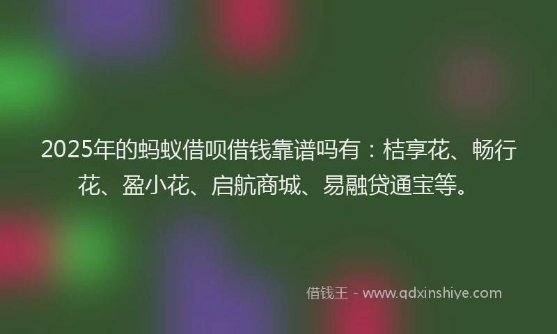 2025年的蚂蚁借呗借钱靠谱吗有：桔享花、畅行花、盈小花、启航商城、易融贷通宝等。
