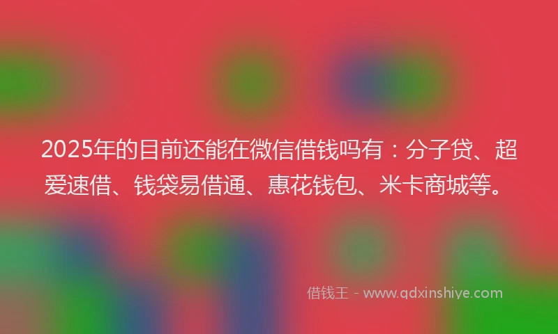 2025年的目前还能在微信借钱吗有：分子贷、超爱速借、钱袋易借通、惠花钱包、米卡商城等。