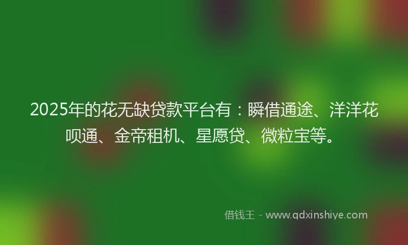 2025年的花无缺贷款平台有：瞬借通途、洋洋花呗通、金帝租机、星愿贷、微粒宝等。
