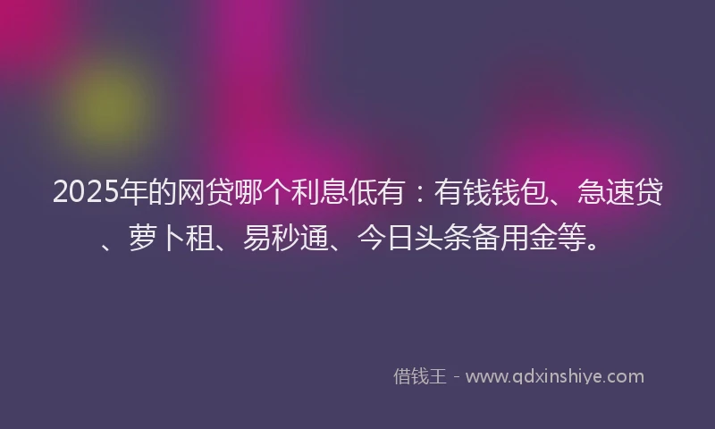 2025年的网贷哪个利息低有：有钱钱包、急速贷、萝卜租、易秒通、今日头条备用金等。