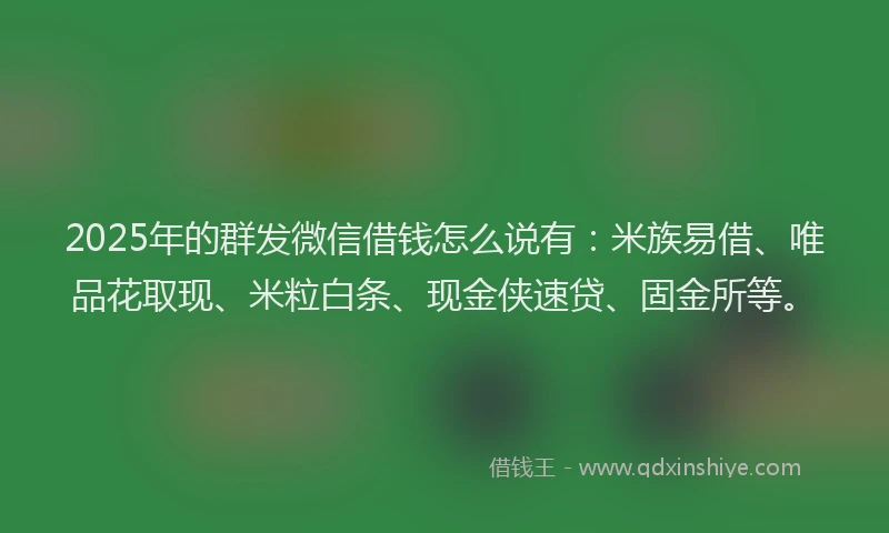 2025年的群发微信借钱怎么说有：米族易借、唯品花取现、米粒白条、现金侠速贷、固金所等。