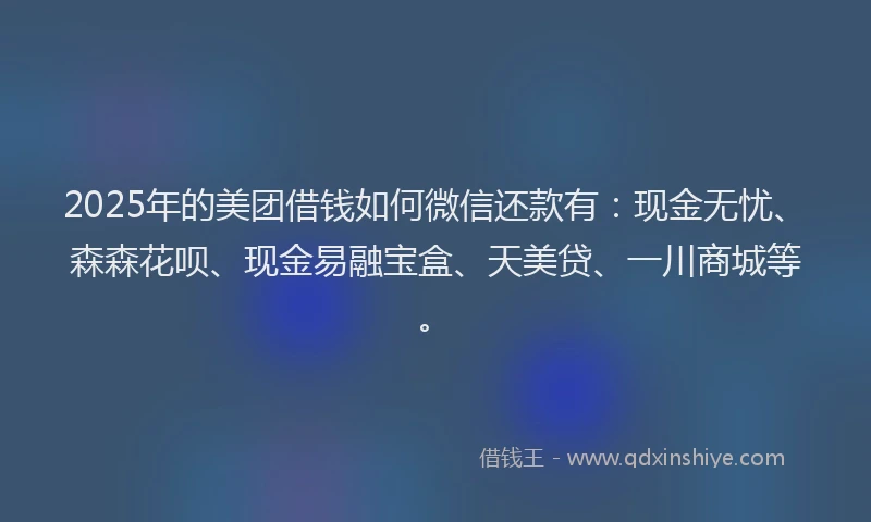 2025年的美团借钱如何微信还款有：现金无忧、森森花呗、现金易融宝盒、天美贷、一川商城等。