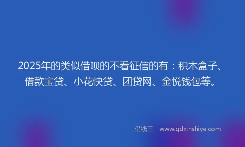 2025年的类似借呗的不看征信的有：积木盒子、借款宝贷、小花快贷、团贷网、金悦钱包等。