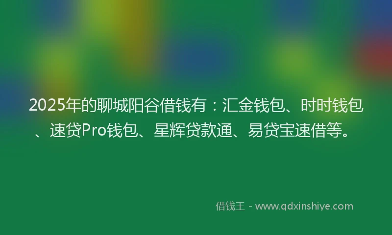 2025年的聊城阳谷借钱有：汇金钱包、时时钱包、速贷Pro钱包、星辉贷款通、易贷宝速借等。