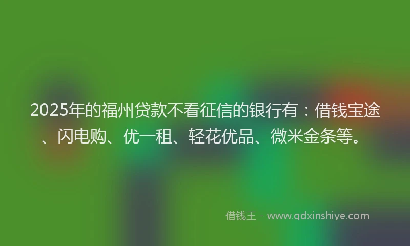 2025年的福州贷款不看征信的银行有：借钱宝途、闪电购、优一租、轻花优品、微米金条等。