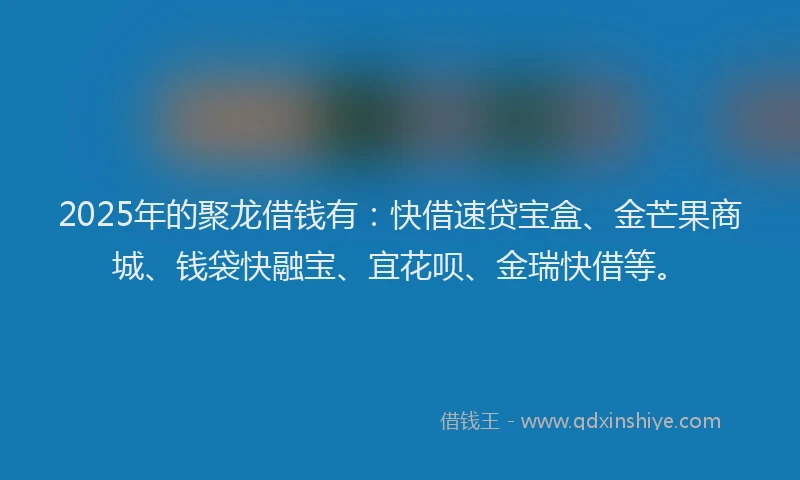 2025年的聚龙借钱有：快借速贷宝盒、金芒果商城、钱袋快融宝、宜花呗、金瑞快借等。