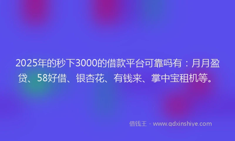 2025年的秒下3000的借款平台可靠吗有：月月盈贷、58好借、银杏花、有钱来、掌中宝租机等。