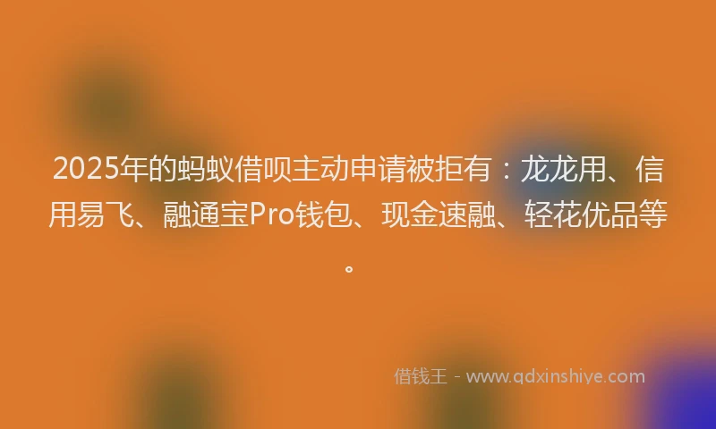 2025年的蚂蚁借呗主动申请被拒有:龙龙用、信用易飞、融通宝Pro钱包、现金速融、轻花优品等。