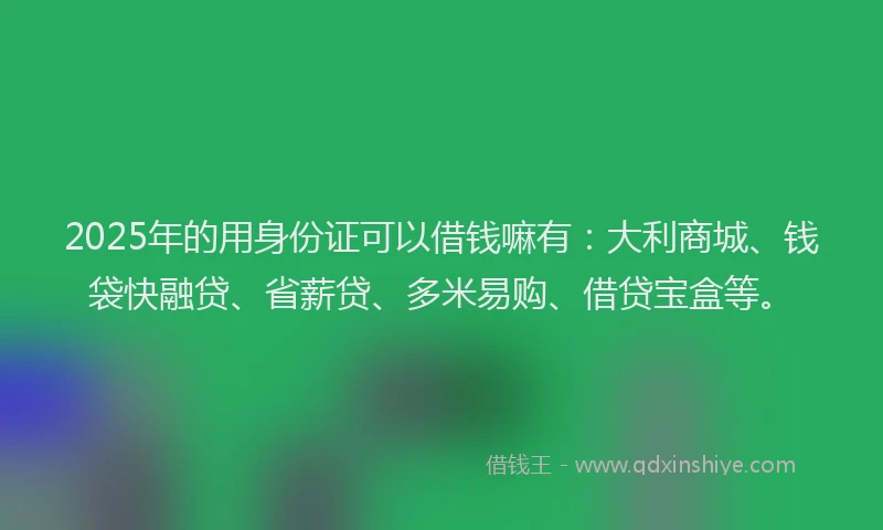 2025年的用身份证可以借钱嘛有：大利商城、钱袋快融贷、省薪贷、多米易购、借贷宝盒等。