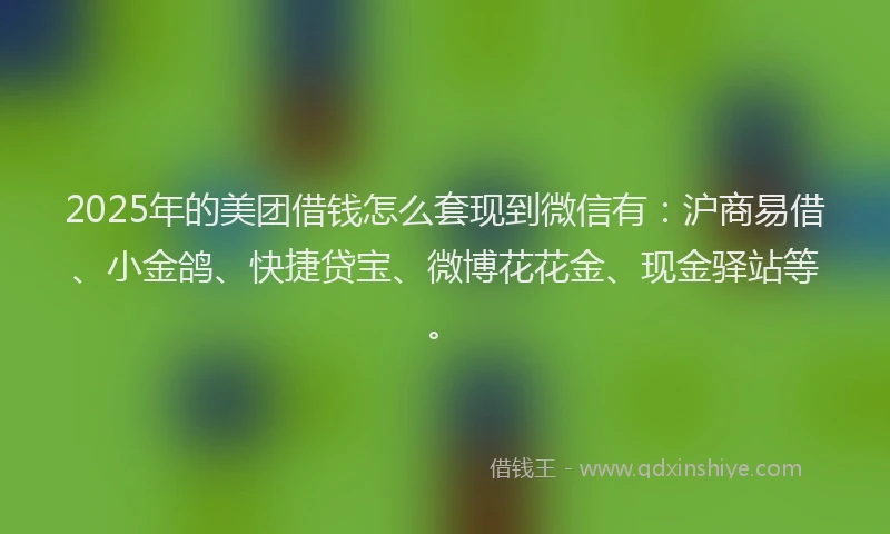 2025年的美团借钱怎么套现到微信有：沪商易借、小金鸽、快捷贷宝、微博花花金、现金驿站等。