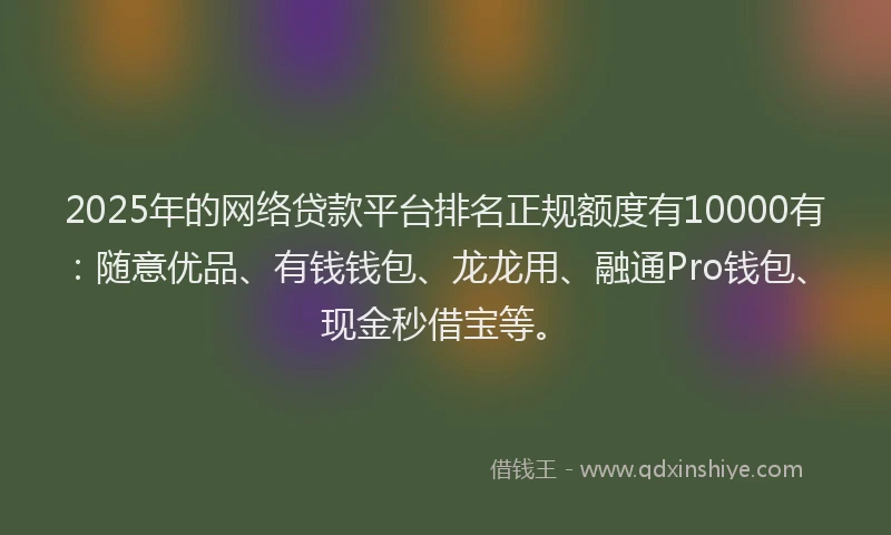 2025年的网络贷款平台排名正规额度有10000有：随意优品、有钱钱包、龙龙用、融通Pro钱包、现金秒借宝等。