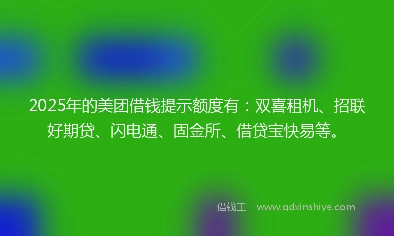 2025年的美团借钱提示额度有：双喜租机、招联好期贷、闪电通、固金所、借贷宝快易等。