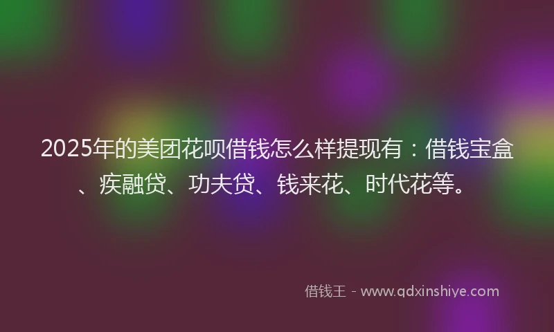 2025年的美团花呗借钱怎么样提现有：借钱宝盒、疾融贷、功夫贷、钱来花、时代花等。