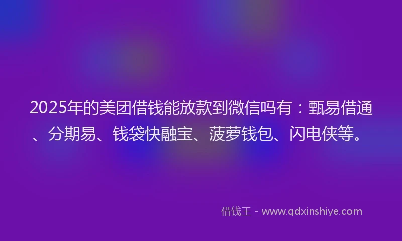 2025年的美团借钱能放款到微信吗有：甄易借通、分期易、钱袋快融宝、菠萝钱包、闪电侠等。