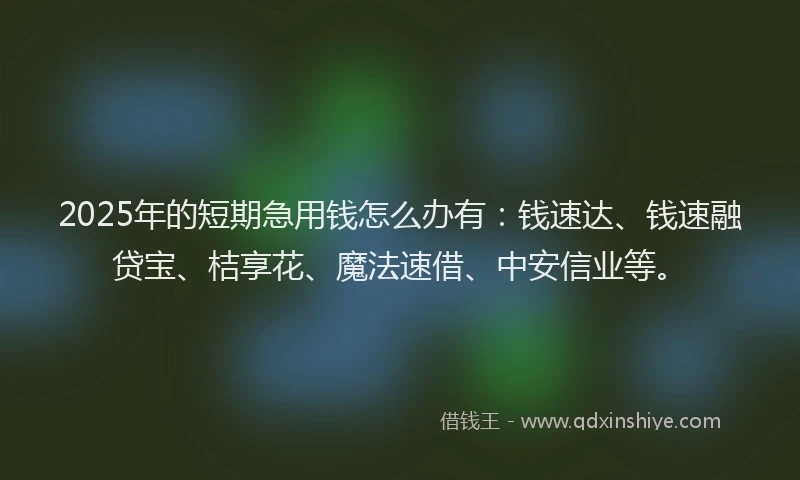 2025年的短期急用钱怎么办有：钱速达、钱速融贷宝、桔享花、魔法速借、中安信业等。