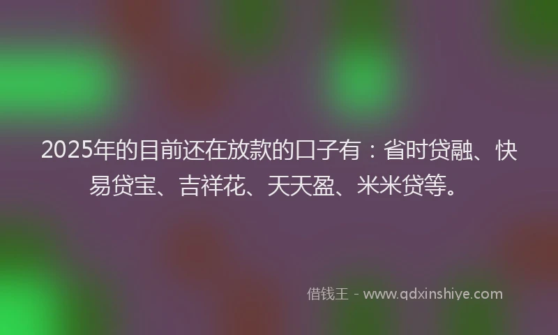 2025年的目前还在放款的口子有：省时贷融、快易贷宝、吉祥花、天天盈、米米贷等。
