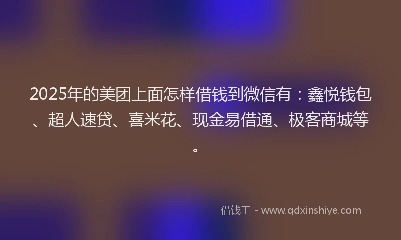 2025年的美团上面怎样借钱到微信有：鑫悦钱包、超人速贷、喜米花、现金易借通、极客商城等。