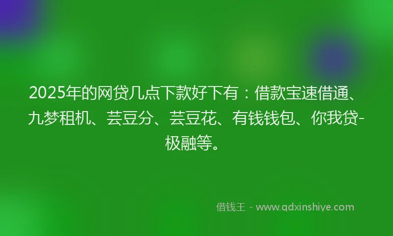 2025年的网贷几点下款好下有：借款宝速借通、九梦租机、芸豆分、芸豆花、有钱钱包、你我贷-极融等。