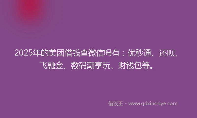 2025年的美团借钱查微信吗有：优秒通、还呗、飞融金、数码潮享玩、财钱包等。