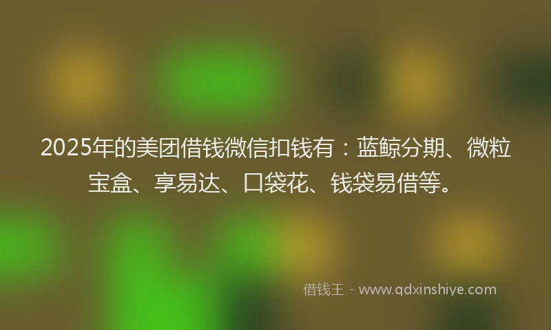 2025年的美团借钱微信扣钱有：蓝鲸分期、微粒宝盒、享易达、口袋花、钱袋易借等。