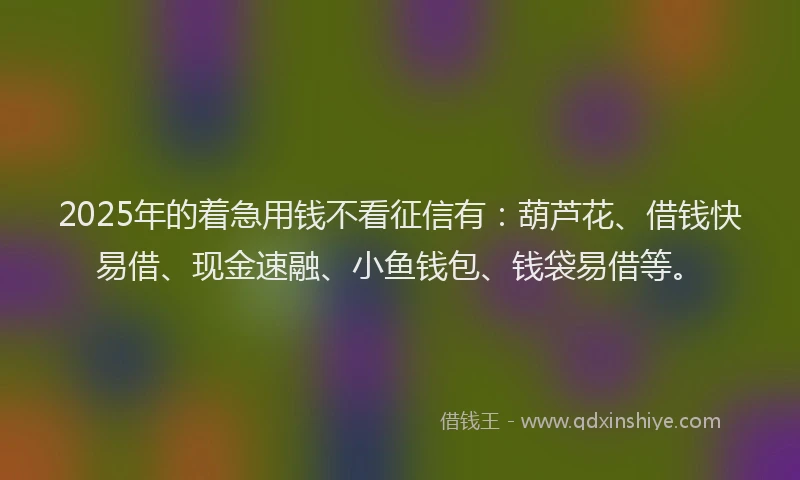 2025年的着急用钱不看征信有：葫芦花、借钱快易借、现金速融、小鱼钱包、钱袋易借等。