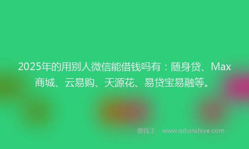 2025年的用别人微信能借钱吗有：随身贷、Max商城、云易购、天源花、易贷宝易融等。