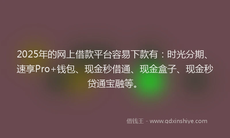 2025年的网上借款平台容易下款有:时光分期、速享Pro+钱包、现金秒借通、现金盒子、现金秒贷通宝融等。