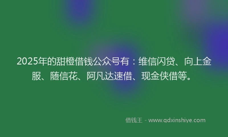 2025年的甜橙借钱公众号有：维信闪贷、向上金服、随信花、阿凡达速借、现金侠借等。