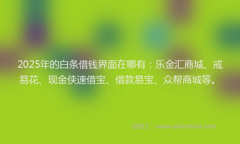 2025年的白条借钱界面在哪有:乐金汇商城、戒易花、现金侠速借宝、借款易宝、众帮商城等。